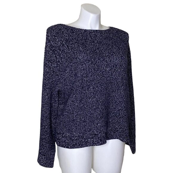 Loft Black White Marled Pullover Sweater Long Flare Sleeve Cotton Women's Size L - Picture 3 of 9